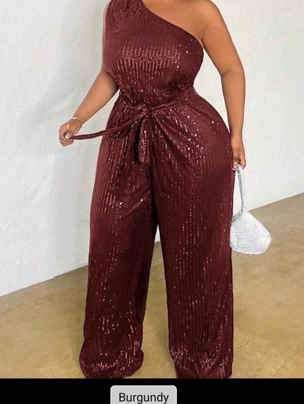 SHEIN One-Shoulder Burgundy Sequin Jumpsuit with Tie Waist